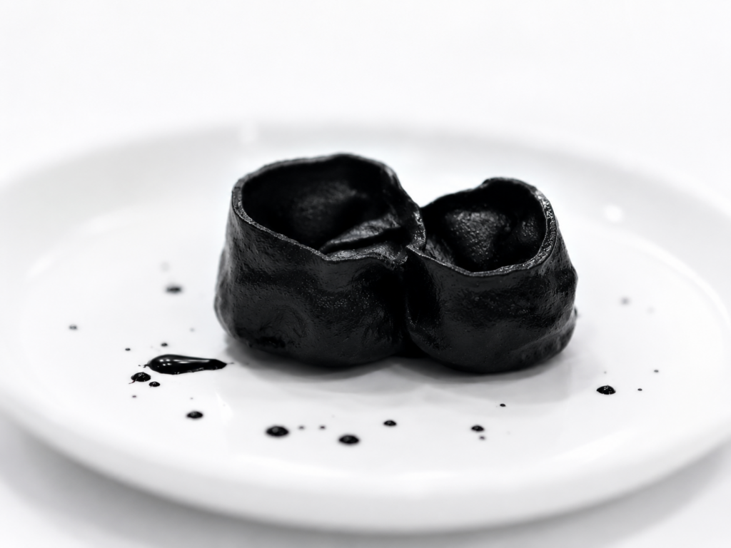 Pasta fresca nera al nero di seppia, fotografata su piatto bianco per Thalassa Volume I.